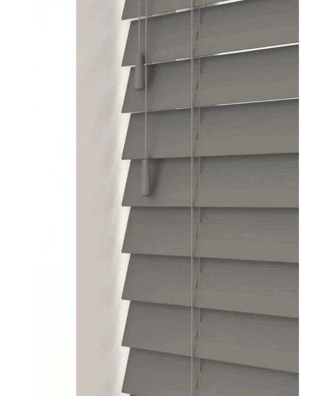 Image of New Edge Blinds Smooth Grey 50mm Fine Grain Slatted Faux Wood Venetian Blinds with Strings 120cm Drop in Dark Grey Size: 90cm width x 130cm drop D