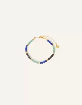Image of Accessorize Womens Gold-Plated, Blue and Green Brass 14ct Gold-Plated Stone Bead Slider Bracelet, Size: 22cm