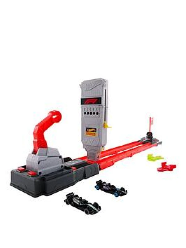 Image of Hot Wheels Racing Formula 1 Toy Car Track Set Race the 2 1:64 Scale Die-Cast Officially Licensed F1 Vehicles on Side-By-Side Track Grid Start JKM88