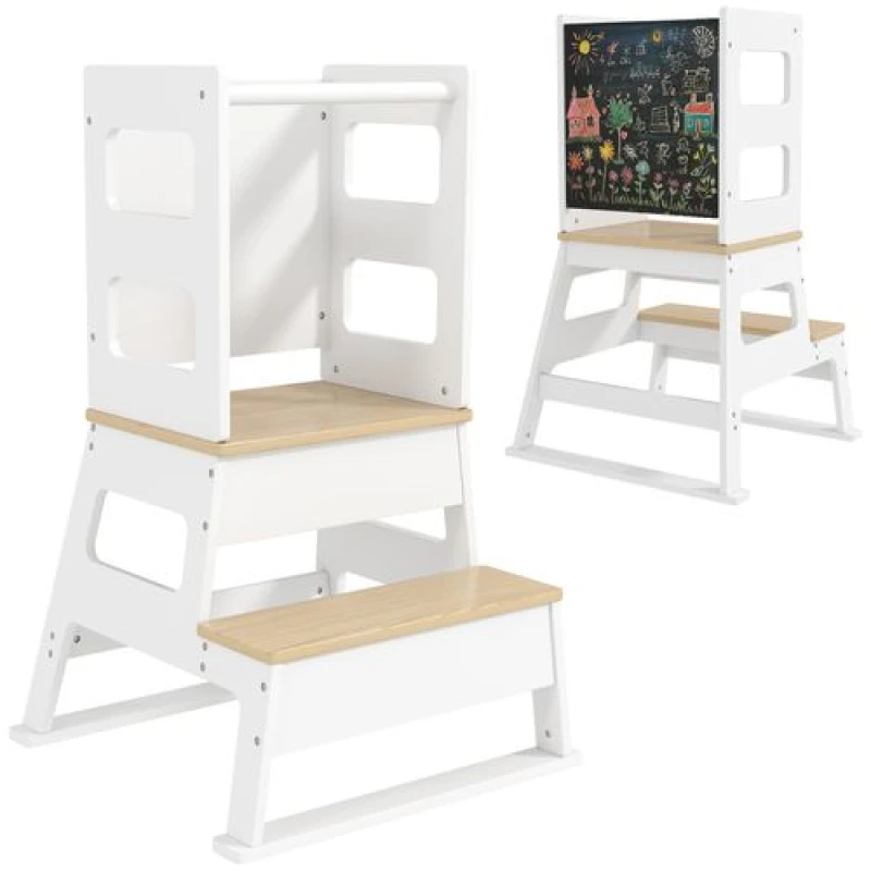 Image of AIYAPLAY 2 in 1 Toddler Tower w/ Chalkboard - Safety Rail - for Kitchen - Sink TJ Hughes White 5063603773363
