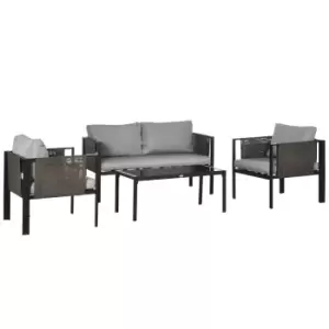 Image of Outsunny 4 Piece Metal Garden Furniture Set with Tempered Glass Coffee Table, Patio Set Loveseat, Single Armchairs with Padded Cushions, Light Grey