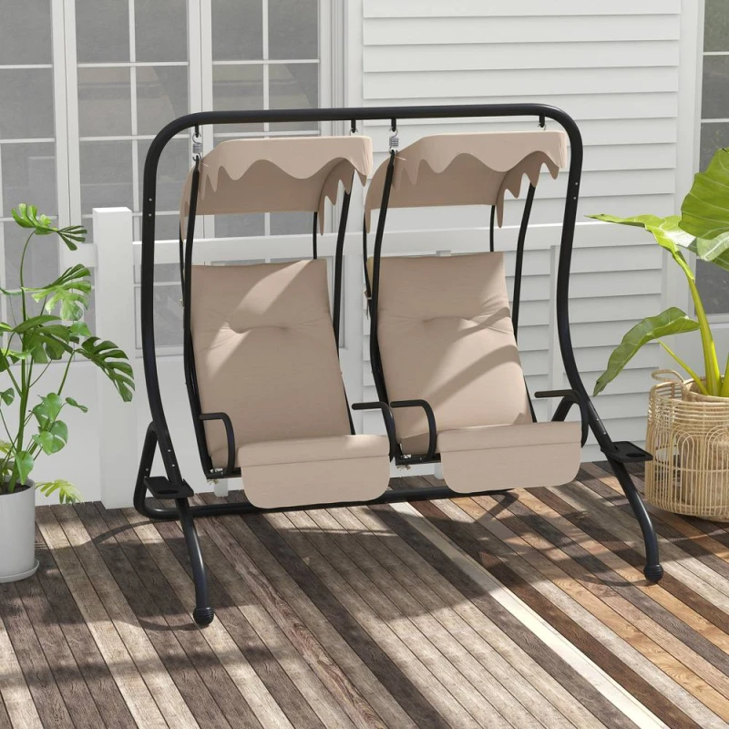 Image of OUTSUNNY Canopy Swing 2 Separate Relax Chairs w/ Removable Canopy in Beige Beige Unisex