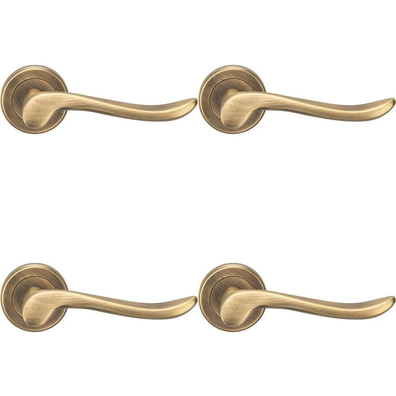 Image of Loops 4x PAIR Scroll Shaped Lever Handle on Round Rose Concealed Fix Antique Brass Metallics
