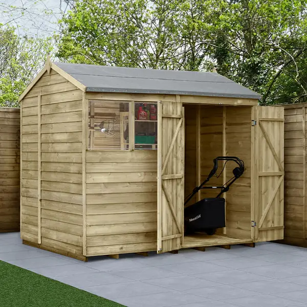 Image of 8' x 6' Forest 4Life 25yr Guarantee Overlap Pressure Treated Double Door Reverse Apex Wooden Shed (2.42m x 1.99m)