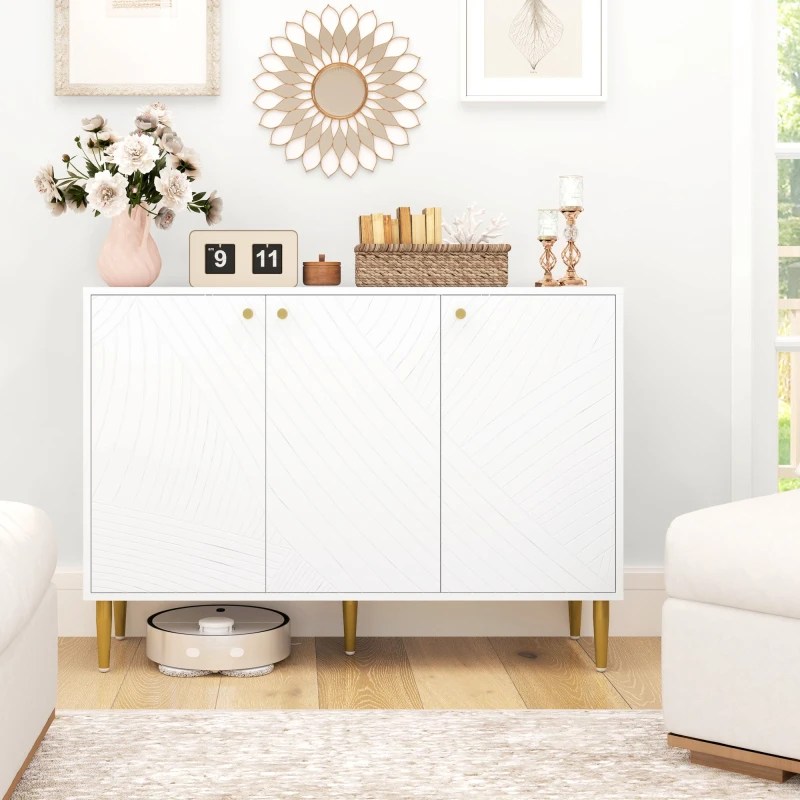 Image of HOMCOM Sideboard Storage Cabinet with 3 Carved Line Doors and 5 Legs White White