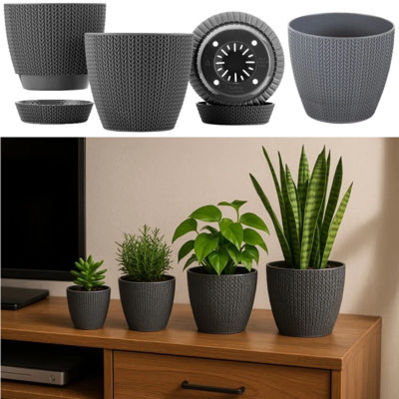 Image of Gr8 Garden Set Of 4 Grey Sumela Knitted Flower Plant Pot Planter With Tray Indoor Garden