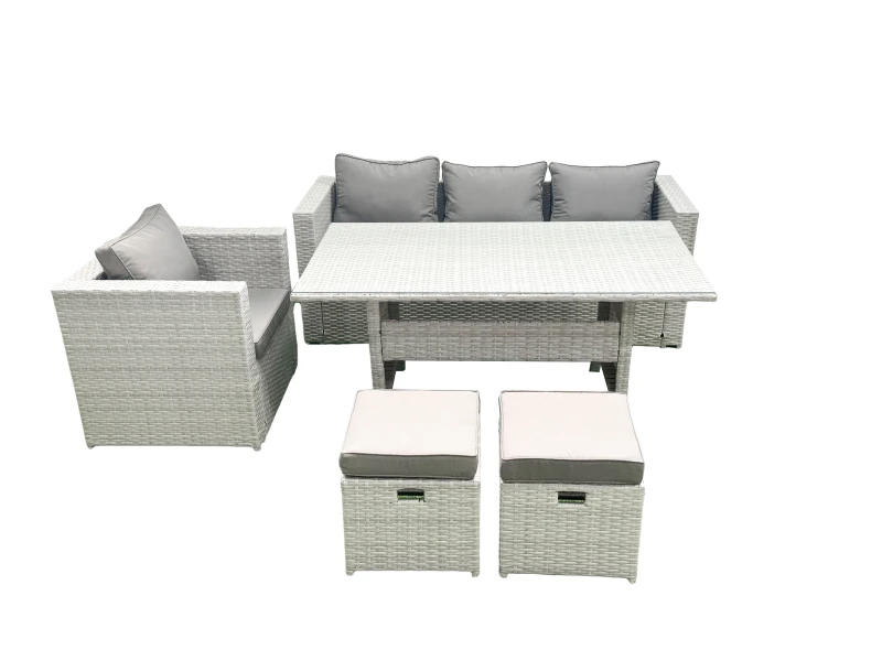 Image of Fimous Garden Dining Set Outdoor Rattan Furniture Set with Sofa Dining Table Small Footstools Light Grey Mixed Light Grey