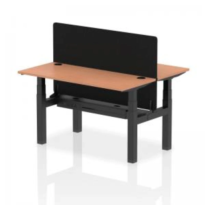 Image of Air Back - to - Back 1400 x 600mm Height Adjustable 2 Person Bench Office Desk Beech Top - Cable Ports Black Frame - Black Straight Screen