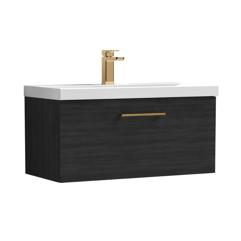 Image of Balterley 800mm Wall Hung 1 Drawer Vanity Unit, Woodgrain Black, Bronze Handle in Black Unisex