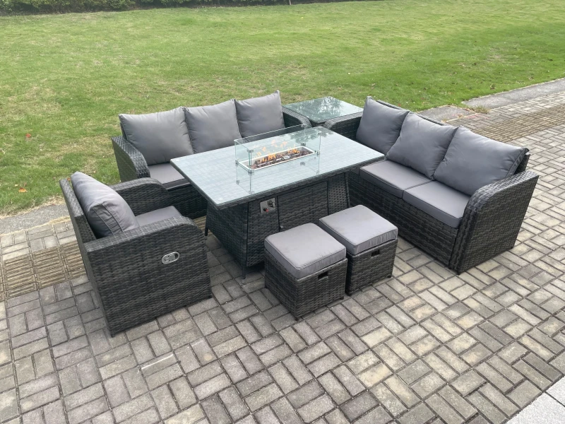 Image of Fimous Rattan Outdoor Furniture Gas Fire Pit Rectangle Dining Table Gas Heater Reclining Chair 3 Seater Sofa Sets with 2 Small Footstools Dark Grey