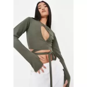 Image of Missguided Cut Out Tie Hem Ls Top - Green