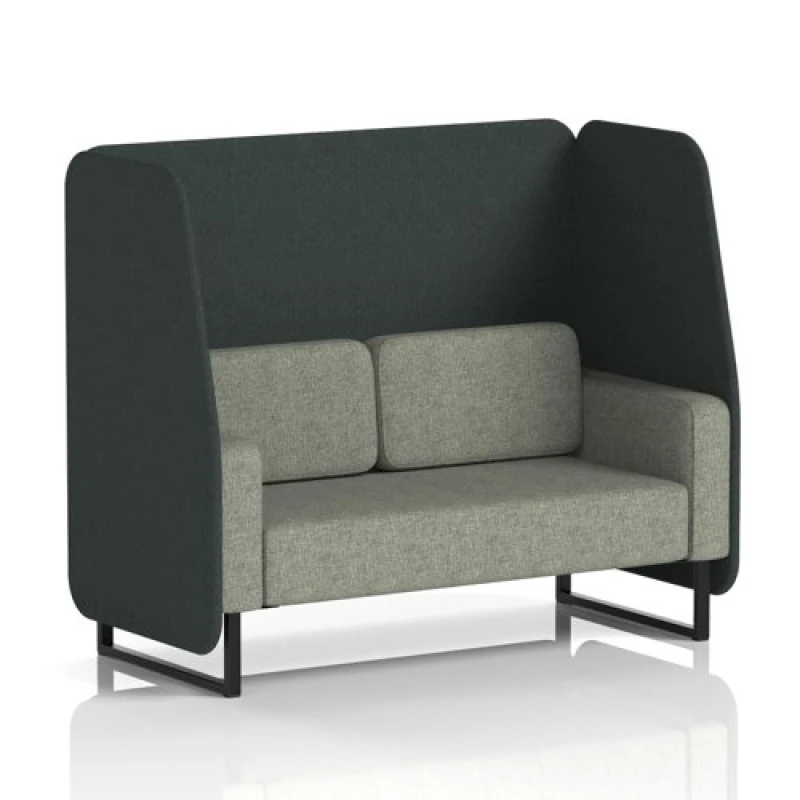 Image of Brixworth 2 Seater Open Office Booth with Black Legs in Rivet Fabric - Charcoal Panels and Vitreous Sofa