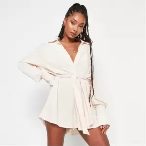 Image of Missguided Cheesecloth Belted Button Front Playsuit - Beige