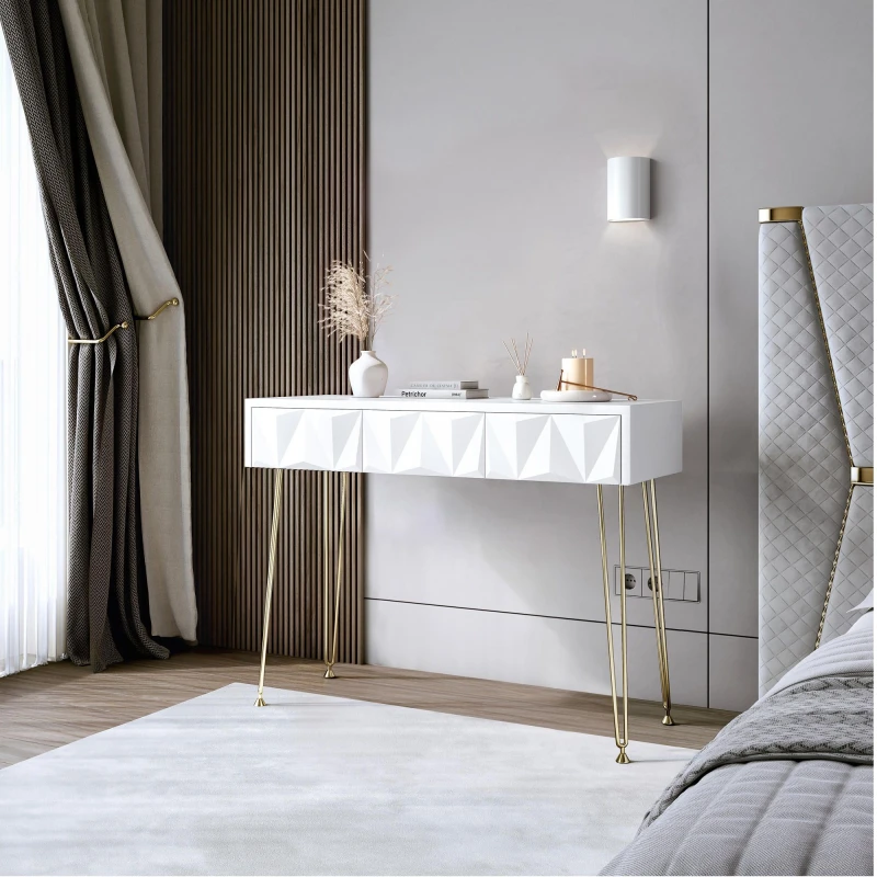 Image of CARME HOME Claudia White 3 Drawers Dressing Table with Gold hairpin legs White Unisex