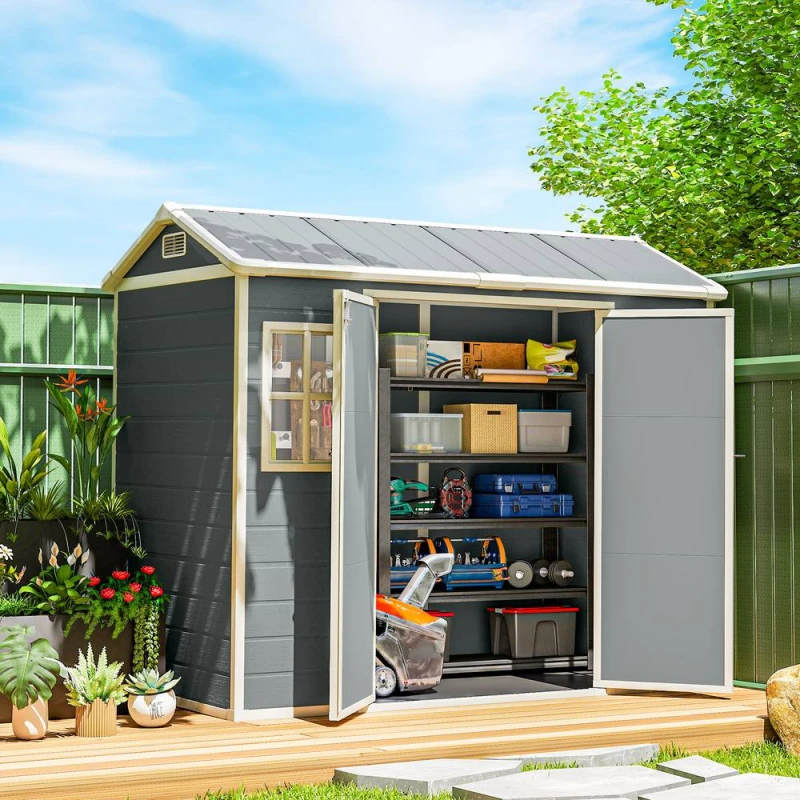 Image of OUTSUNNY 8 x 4ft Resin Garden Shed with Floor, Lockable Doors in Light Grey Light Grey Unisex