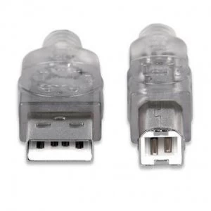 Image of Manhattan USB-A to USB-B Cable 4.5m Male to Male 480 Mbps (USB 2.0) Hi-Speed USB Translucent Silver Lifetime Warranty Blister