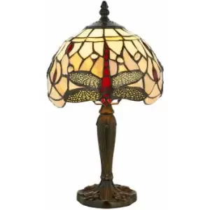 Image of Tiffany Glass Table Lamp Light Dark Bronze & Cream Red Dragonfly Shade i00190