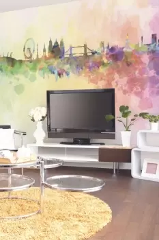 Image of Watercolour London Skyline Multi Matt Smooth Paste the Wall Mural 300cm wide x 240cm high
