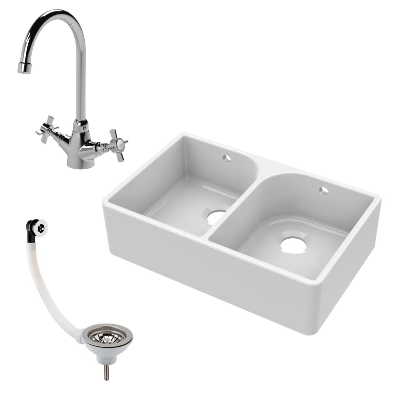 Image of Balterley Fireclay 2 Bowl Full Weir Butler Sink Tap Waste 795mm White