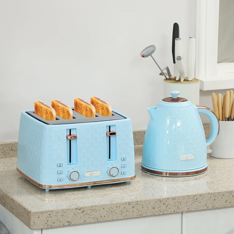 Image of HOMCOM HOMCOM 1.7L Kettle and Toaster Set with Defrost Reheat and Crumb Tray in Light Blue Light Blue One Size Unisex 5063603053069