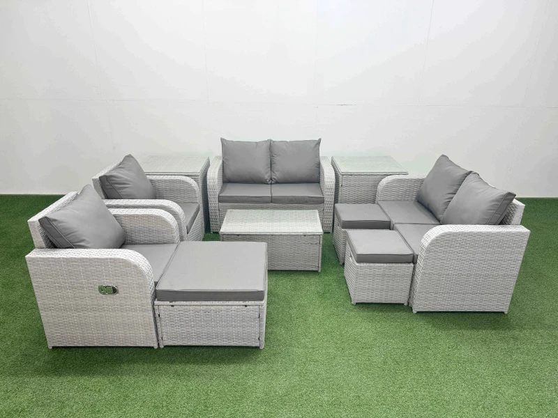 Image of Fimous 9 Seater Outdoor Reclining Chair Love Sofa Set Rattan Garden Furniture Set with Rectangular Coffee Table 3 Stools 2 Side Table Light Grey Light