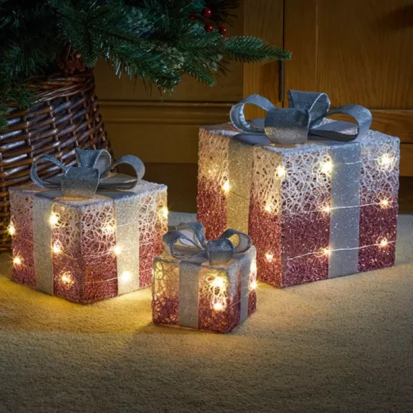 Image of Set of 3 Battery Operated Pink Sparkly Christmas Gift Boxes with LEDs