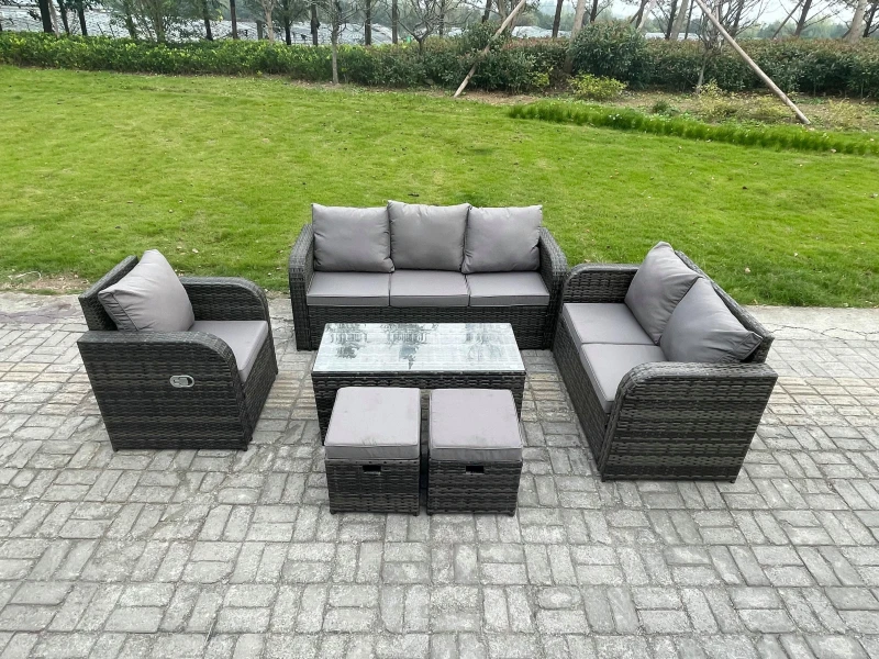 Image of Fimous 8 Seater High Back Rattan Garden Furniture Set with Loveseat Sofa Rectangular Coffee Table 2 Small Footstools Indoor Outdoor Patio Lounge Sofa