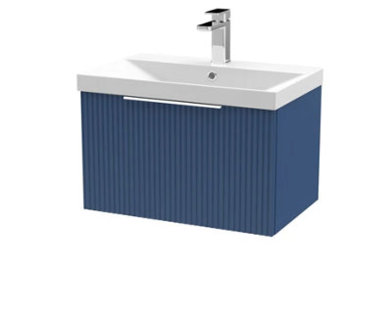 Image of HUDSON REED Hudson Reed - Fluted Wall Hung 1-Drawer Vanity Unit with Basin 3 600mm Wide - Satin Blue DFF394D