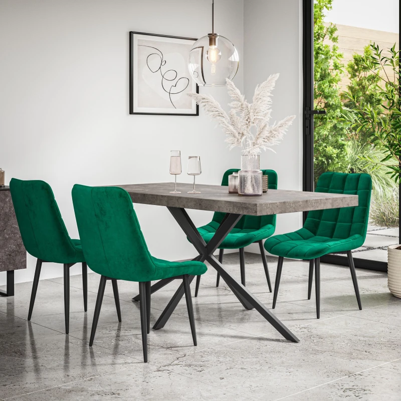 Image of More4Homes Donni Dining Table And Chairs - Concrete Effect Table Top W Black Legs + Nova Velvet Dining Chair Set Of 4 (Green)