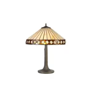 Image of 2 Light Tree Like Table Lamp E27 With 40cm Tiffany Shade, Amber, Crystal, Aged Antique Brass