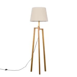 Image of Augustus Light Wood Tripod Floor Lamp with XL Beige Aspen Shade