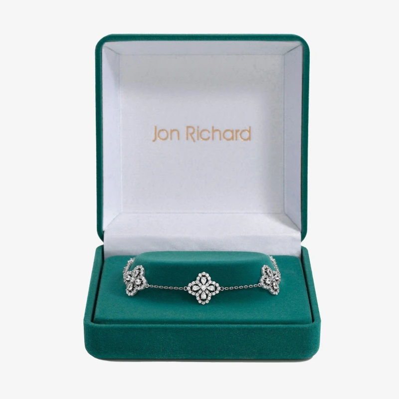 Image of Jon Richard Rhodium Plated and CZ Clover Bracelet - Gift Box Huggie Earrings One Size Silver 39184911000