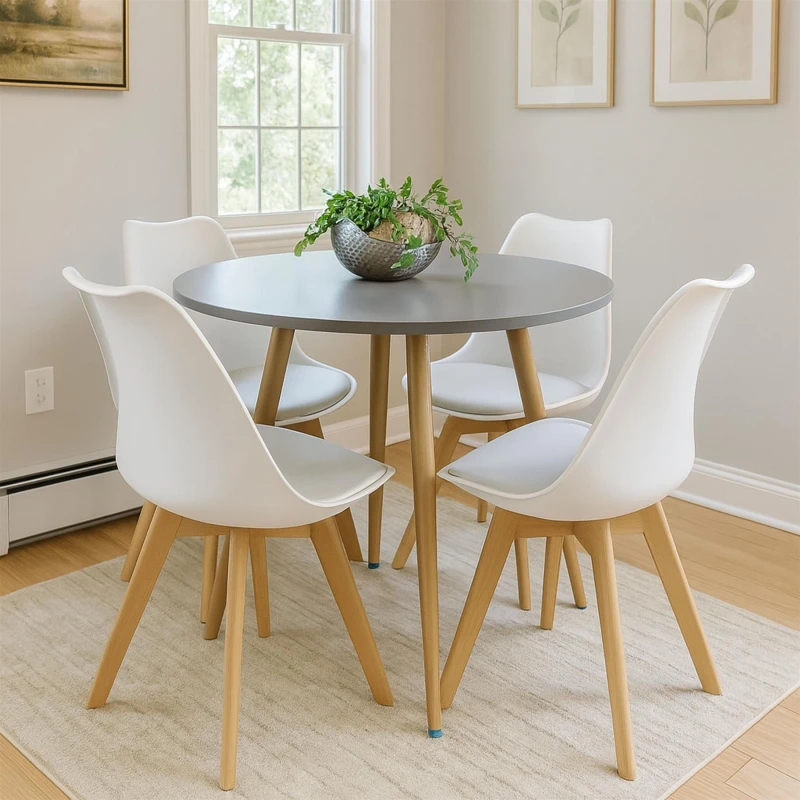 Image of KOSY KOALA KOSY KOALA Dining Table and 4 Chairs Grey Round Wood Table 4 White Plastic Leather Chairs Dining Room Furniture Grey One Size Unisex 506071