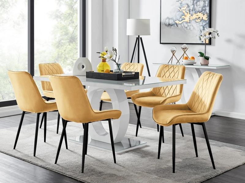 Image of FurnitureboxUK FurnitureboxUK Giovani 6-Seater Grey Glass Dining Table and 6 Pesaro Soft Velvet Dining Chairs in Mustard Mustard One Size Unisex 50565