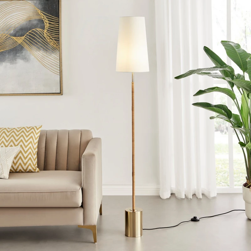 Image of FurnitureboxUK FurnitureboxUK Astrid Boho Rattan Floor Lamp With White Shade and Brass Base in Gold Gold One Size Unisex 5056542694370