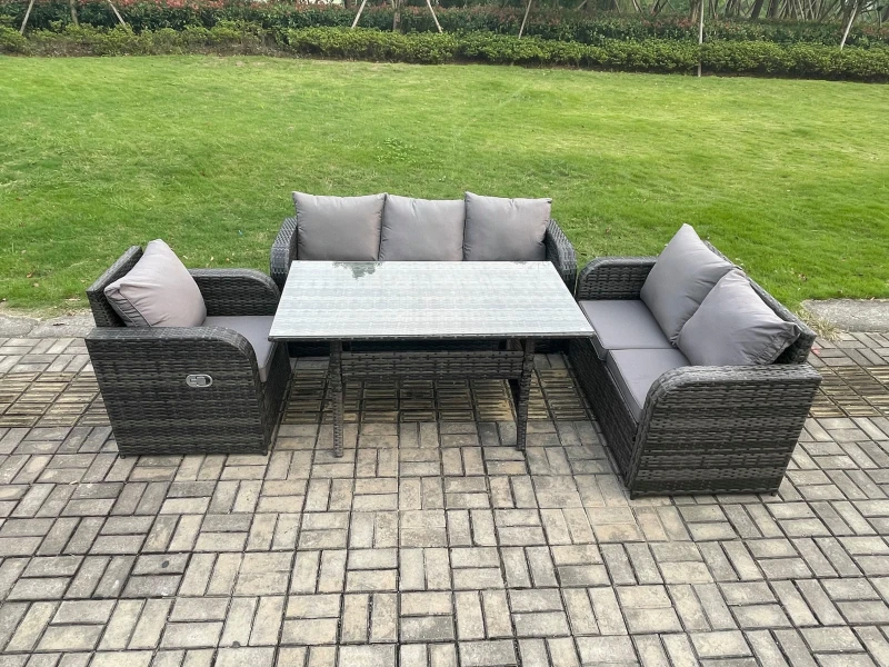 Image of Fimous 6 Seater Garden Rattan Furniture Dining Table Sofa Set Indoor Outdoor with Reclining Chairs Dark Grey Mixed Dark Grey Unisex