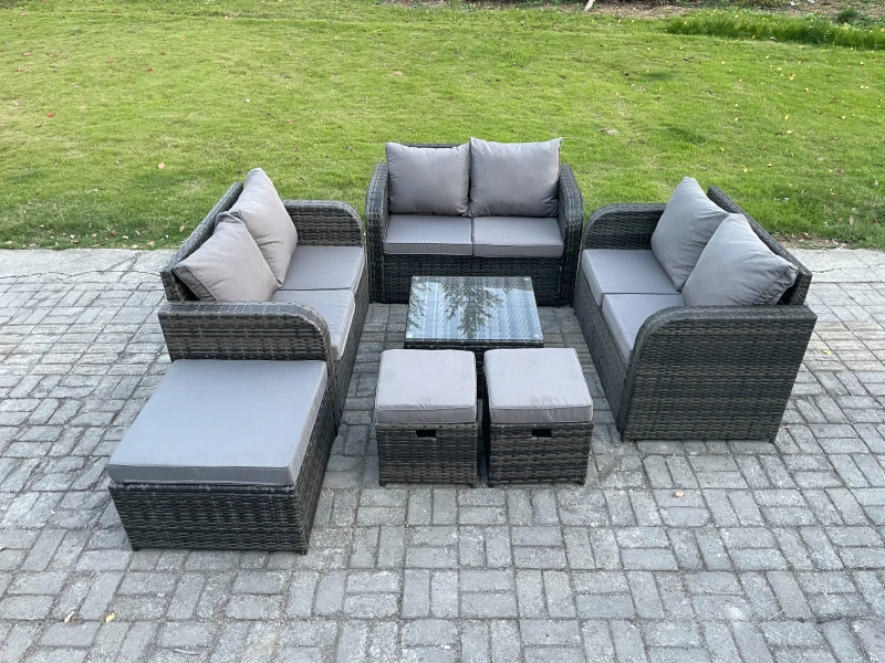 Image of Fimous 9 Seater Outdoor Garden Furniture Sets Wicker Rattan Furniture Sofa Sets with Square Coffee Table Love seat Sofa 3 Footstools Dark Grey