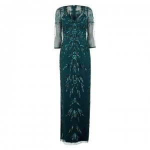 Image of Adrianna Papell Long Beaded Mesh Dress - Dark Jade