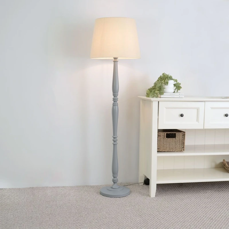 Image of ValueLights Victoria Grey Wood Traditional Stem Floor Lamp with Fabric Tapered Shade Cream