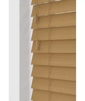 Image of Sahara Oak 50mm Fine Grain Slatted Faux Wood Venetian Blinds with Strings 130cm Drop