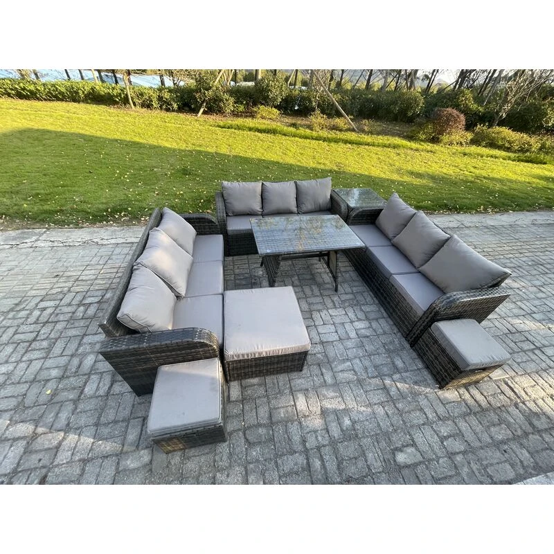 Image of Fimous 12 Seater Wicker Rattan Garden Furniture Set with Rectangular Dining Table Side Table 3 Footstools Patio Outdoor Lounge Sofa Set Dark Grey