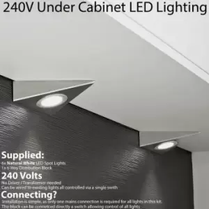 Image of 6x brushed nickel Triangle Surface Under Cabinet Kitchen Light Kit - 240V Mains Powered - Natural White led