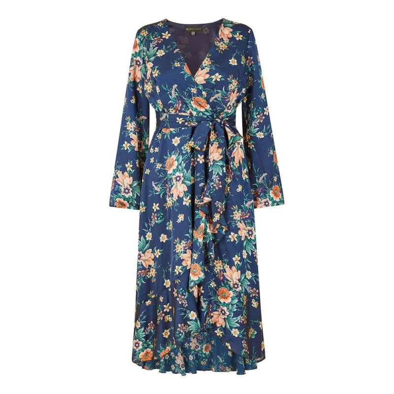Image of Mela London Mela London Navy Floral Print Satin Wrap Dress - Blue Blue 8