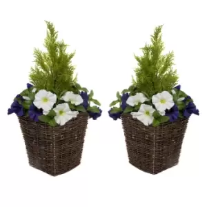 Image of Greenbrokers Artificial Dark Purple & White Petunia Rattan Patio Planters 60Cm/24In (set Of 2)