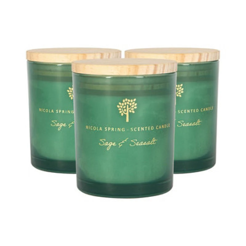Image of Nicola Spring Soy Wax Scented Candles - 130G - Sage & Seasalt Pack Of 3 Herbal Spa Scent Glass Jars Long Burn Aromatherapy Candle