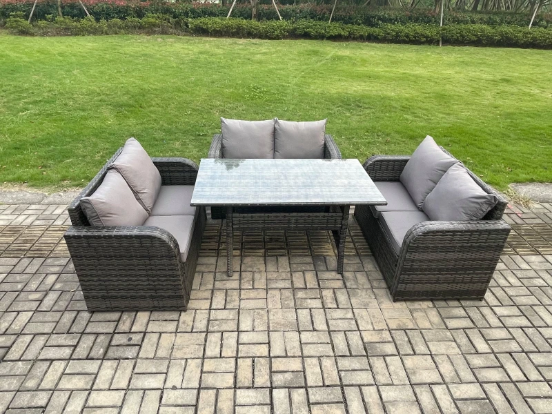 Image of Fimous Wicker PE Rattan Sofa Outdoor Garden Furniture Set with Rectangular Dining Table Dark Grey Mixed Dark Grey Unisex