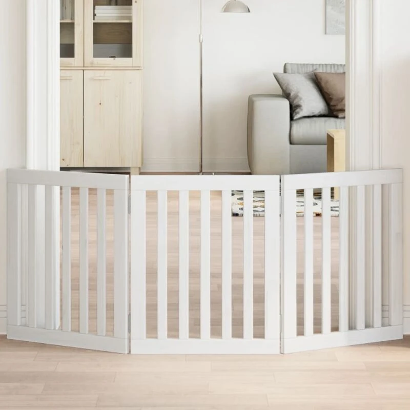 Image of vidaXL Dog Gate Foldable 3 Panels White 150cm Poplar Wood, White 352244