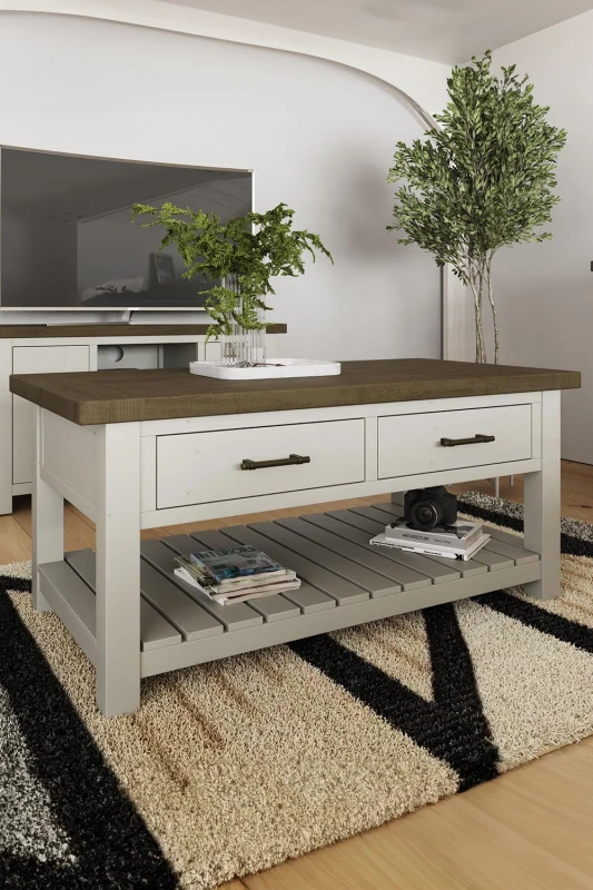 Image of FWStyle Handmade Solid Reclaimed Truffle Pine 2 Drawer Coffee Table Brown