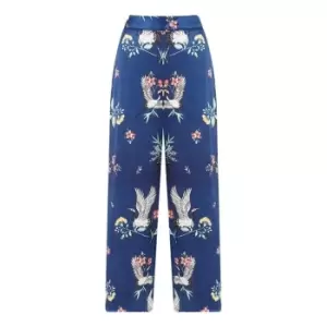 Image of Yumi Navy Satin Crane Print Palazzo Trousers - Blue