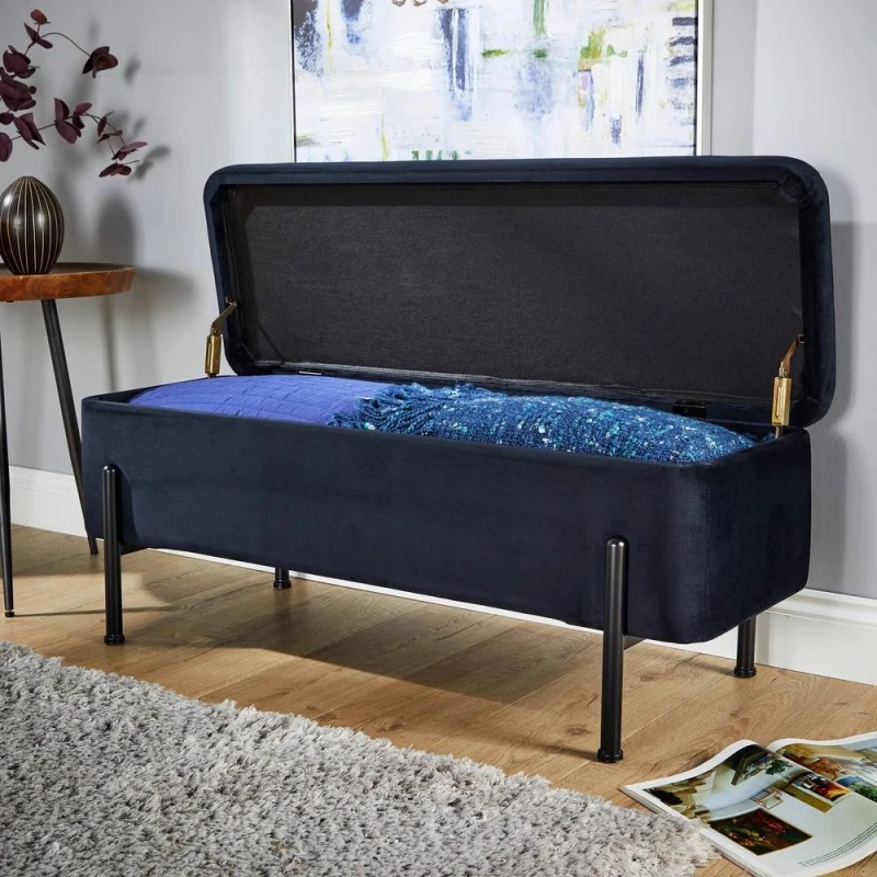 Image of Home Source Oasis Black Velvet Ottoman With Black Metal Legs